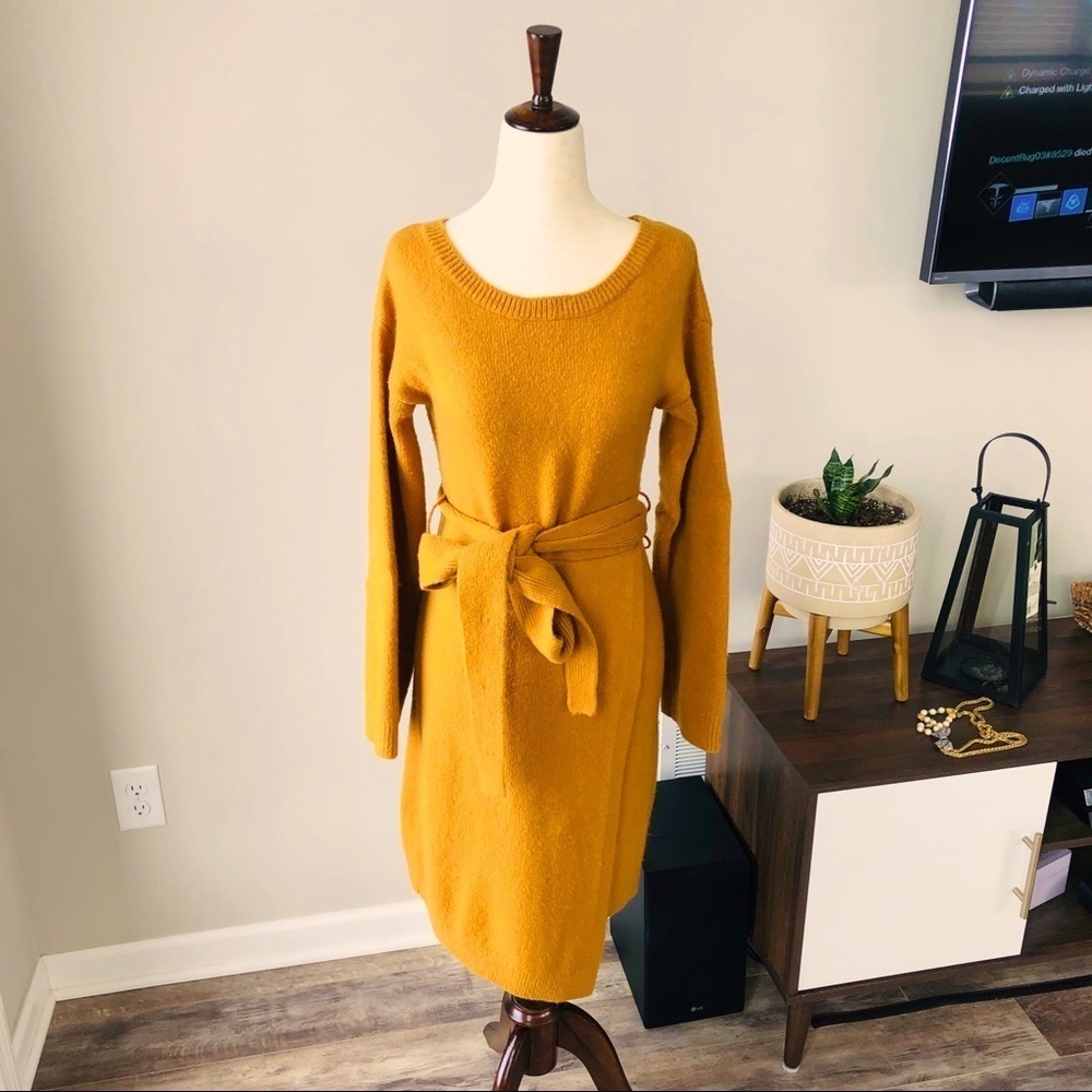 Express Wrap Cozy Warm Mustard Sweater Midi Dress with Belt with Wool Blend